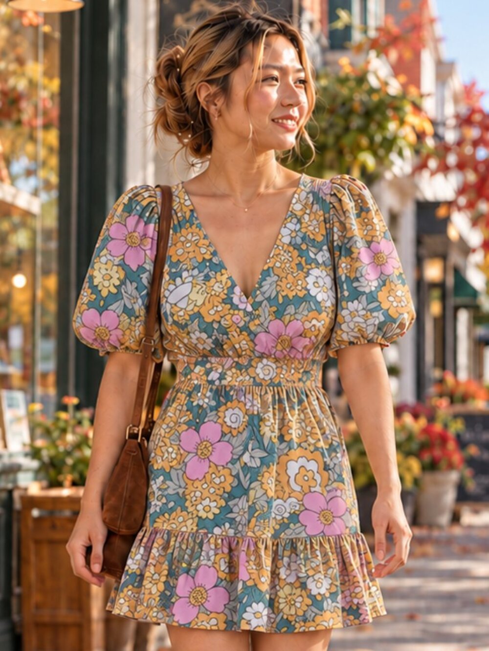 Anthropologie Rahi Floral Cotton Mini Dress Pink Yellow Puff Sleeve Ruffle Hem S